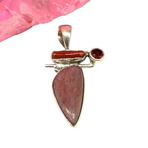 Pink Tulip Quartz Garnet Coral Branch Stick Necklace Pendant 925 Sterling Silver
